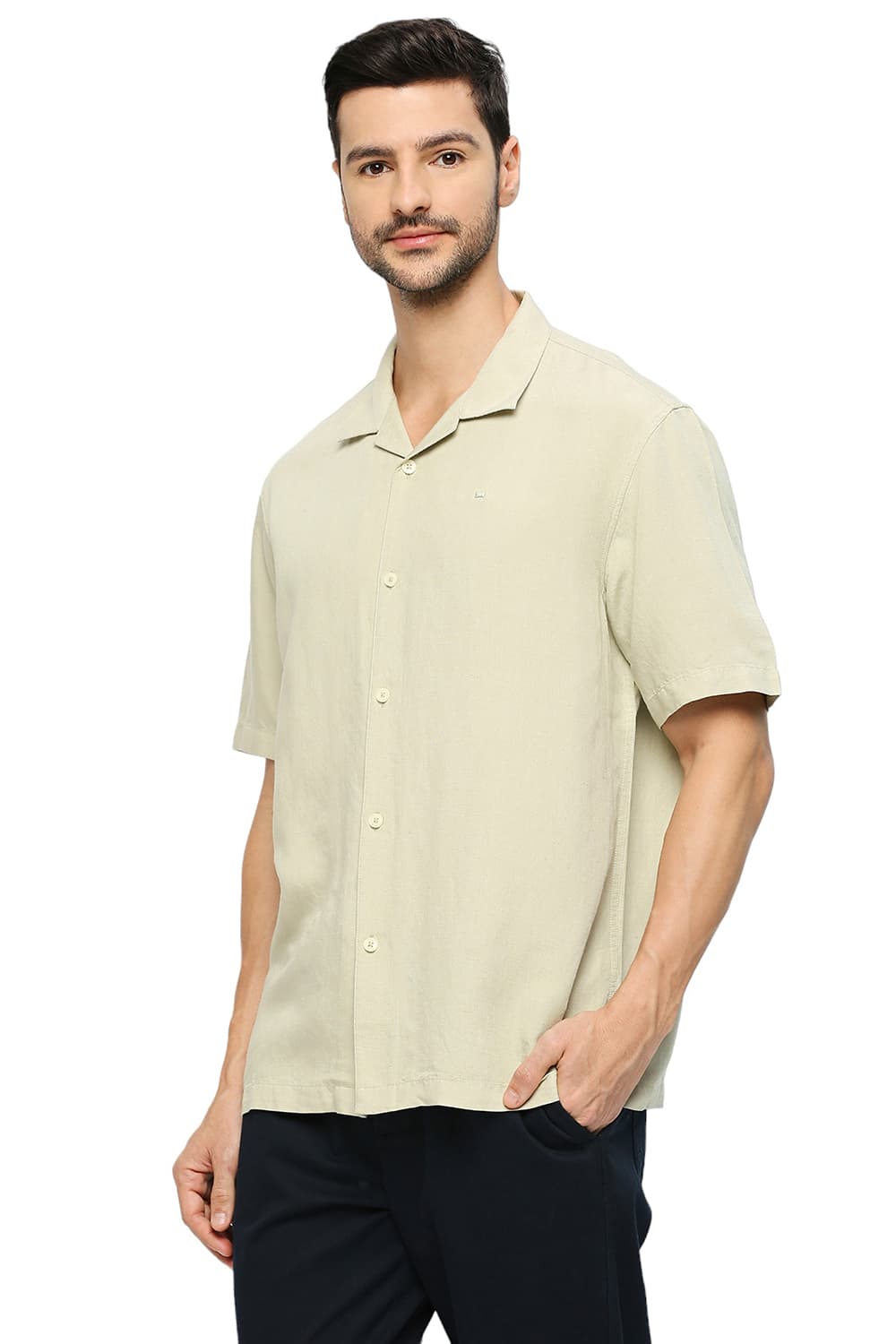 BASICS RELAXED FIT VISCOSE LINEN HALFSLEEVES SHIRT