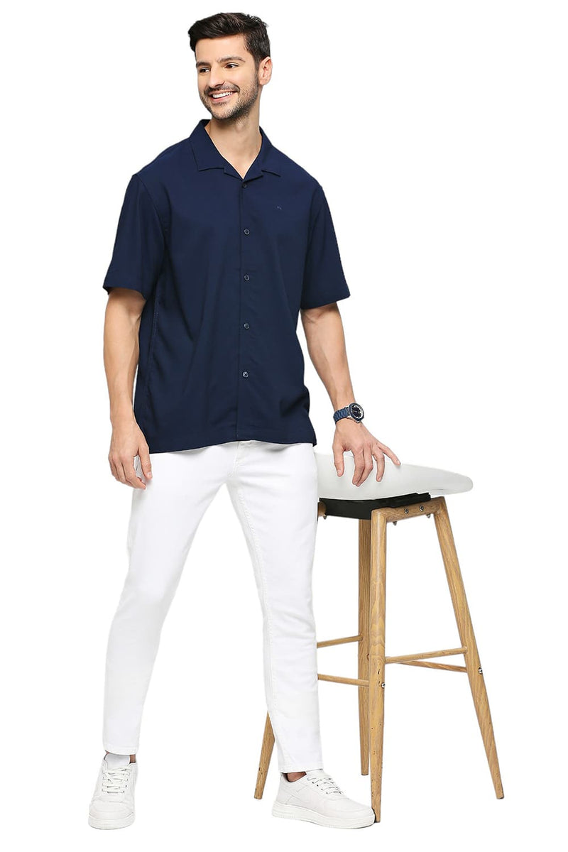 BASICS RELAXED FIT TENCEL POLYESTER STRETCH DOBBY HALFSLEEVES SHIRT