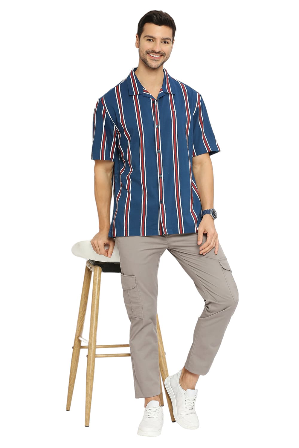 BASICS RELAXED FIT COTTON VISCOSE STRIPE HALFSLEEVES SHIRT