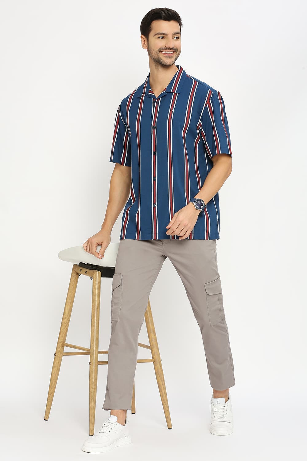 Relaxed Fit Cotton Viscose Stripe Halfsleeves Shirt