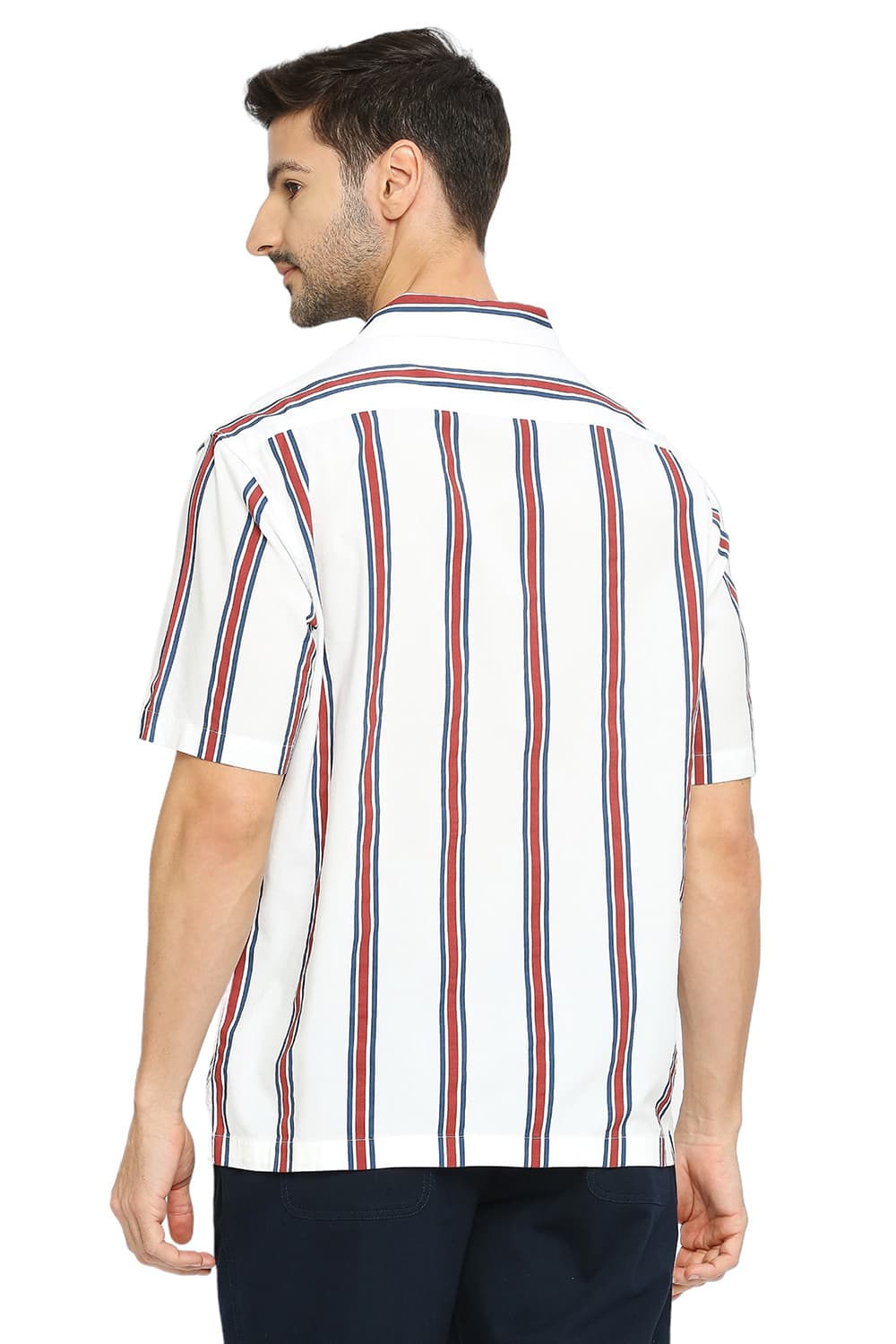 BASICS RELAXED FIT COTTON VISCOSE STRIPE HALFSLEEVES SHIRT