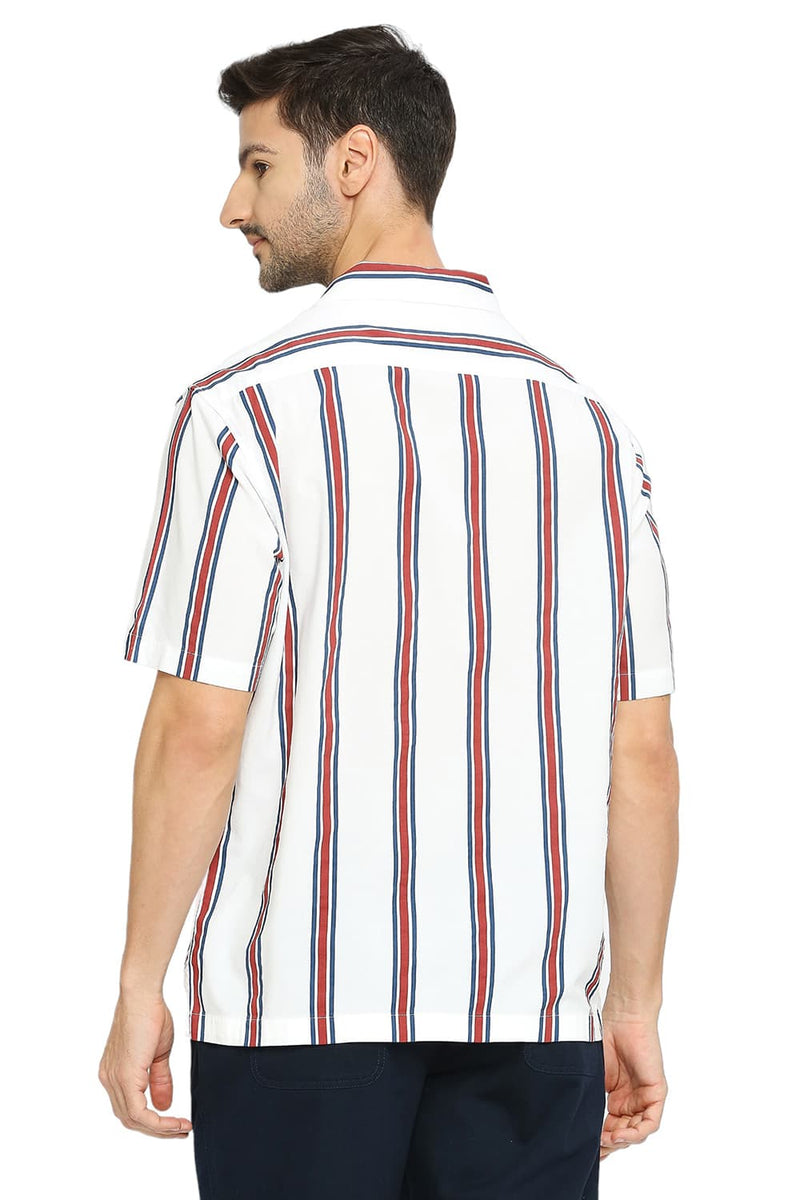 BASICS RELAXED FIT COTTON VISCOSE STRIPE HALFSLEEVES SHIRT