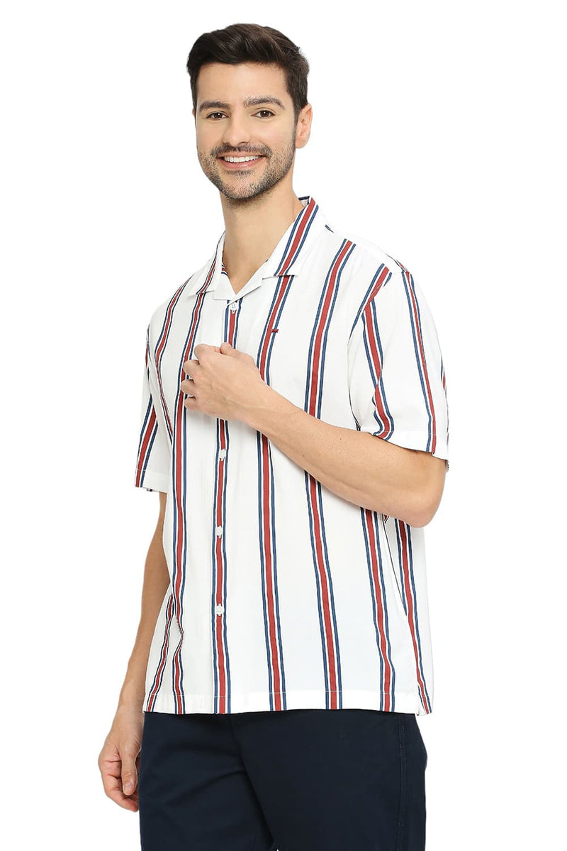 BASICS RELAXED FIT COTTON VISCOSE STRIPE HALFSLEEVES SHIRT