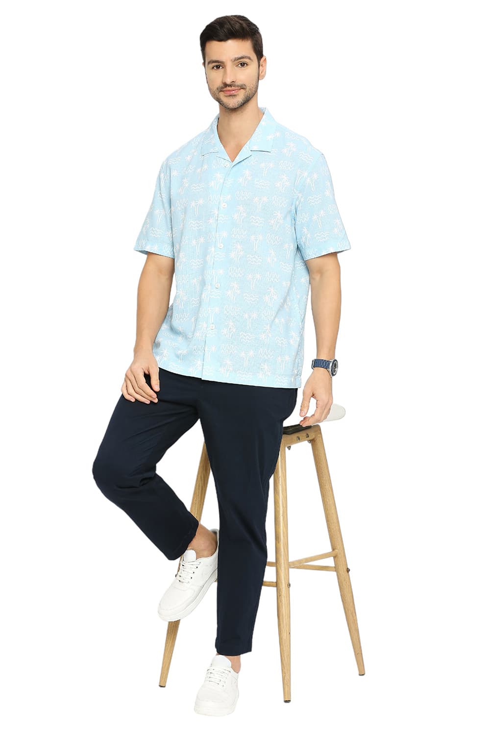 BASICS RELAXED FIT COTTON HOPSACK PRINTED HALFSLEEVES SHIRT