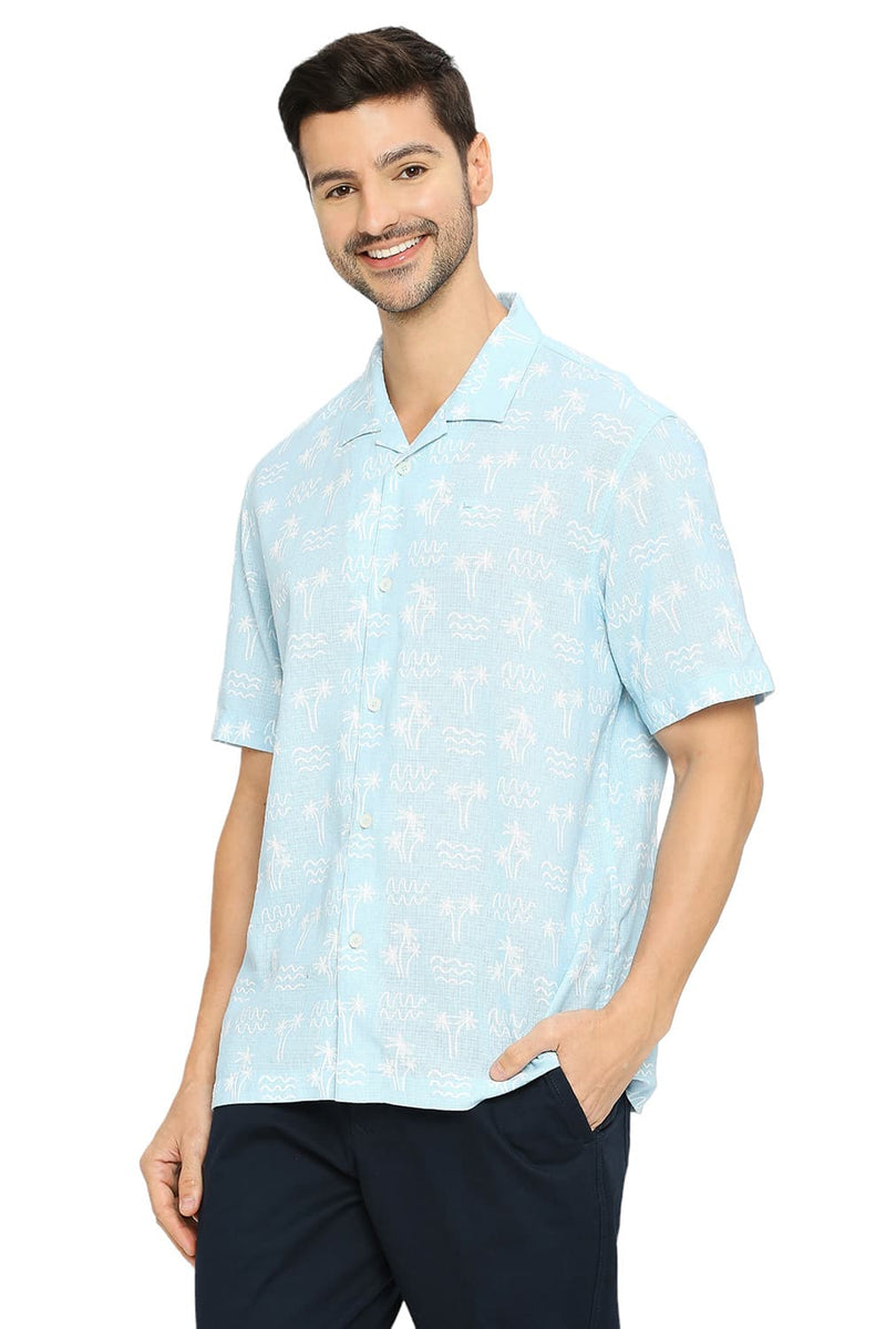 BASICS RELAXED FIT COTTON HOPSACK PRINTED HALFSLEEVES SHIRT