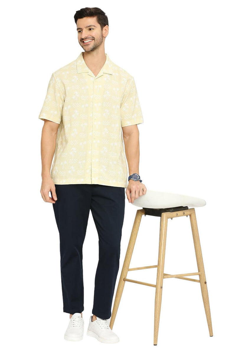 BASICS RELAXED FIT COTTON HOPSACK PRINTED HALFSLEEVES SHIRT