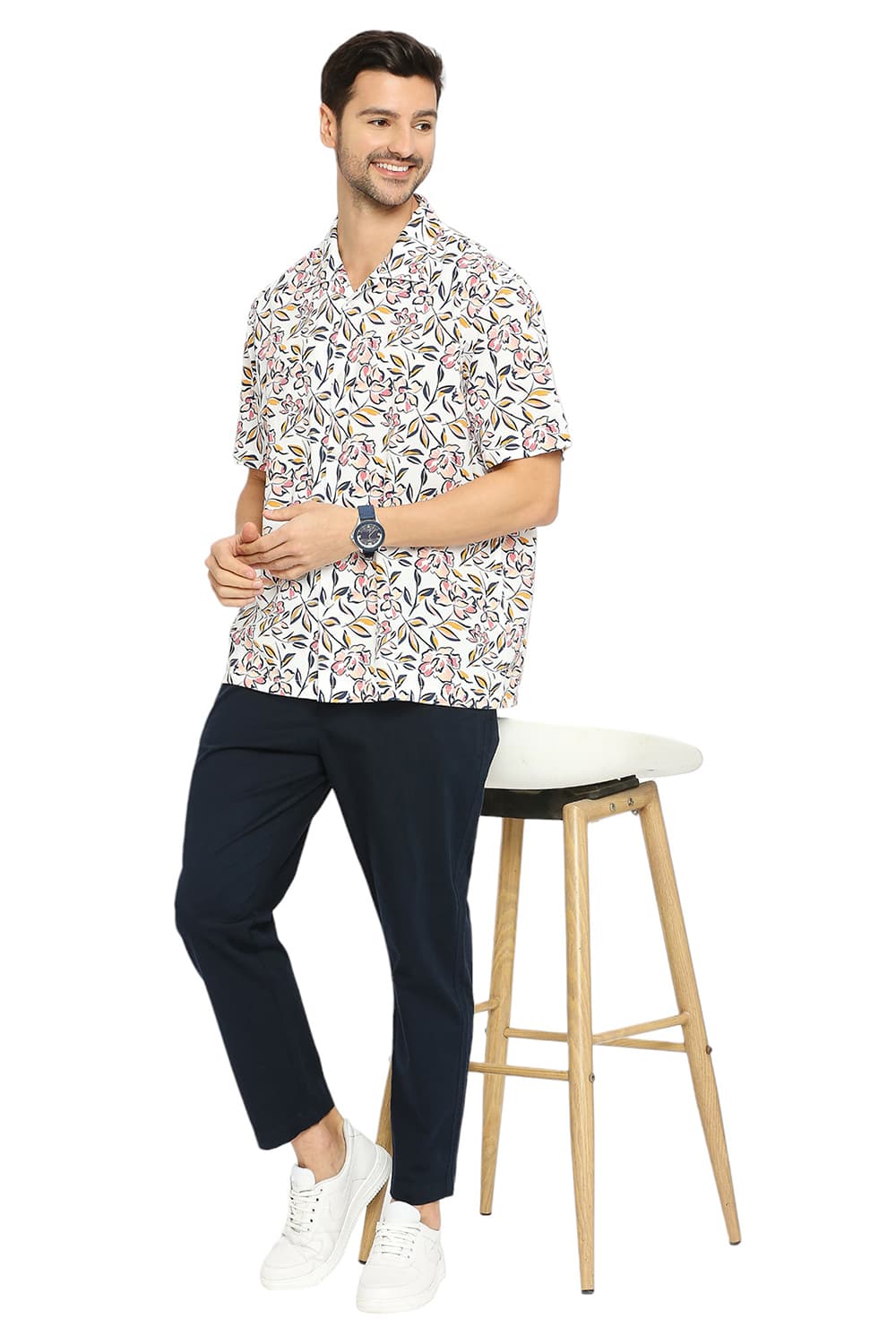 BASICS RELAXED FIT COTTON VISCOSE PRINTED HALFSLEEVES SHIRT