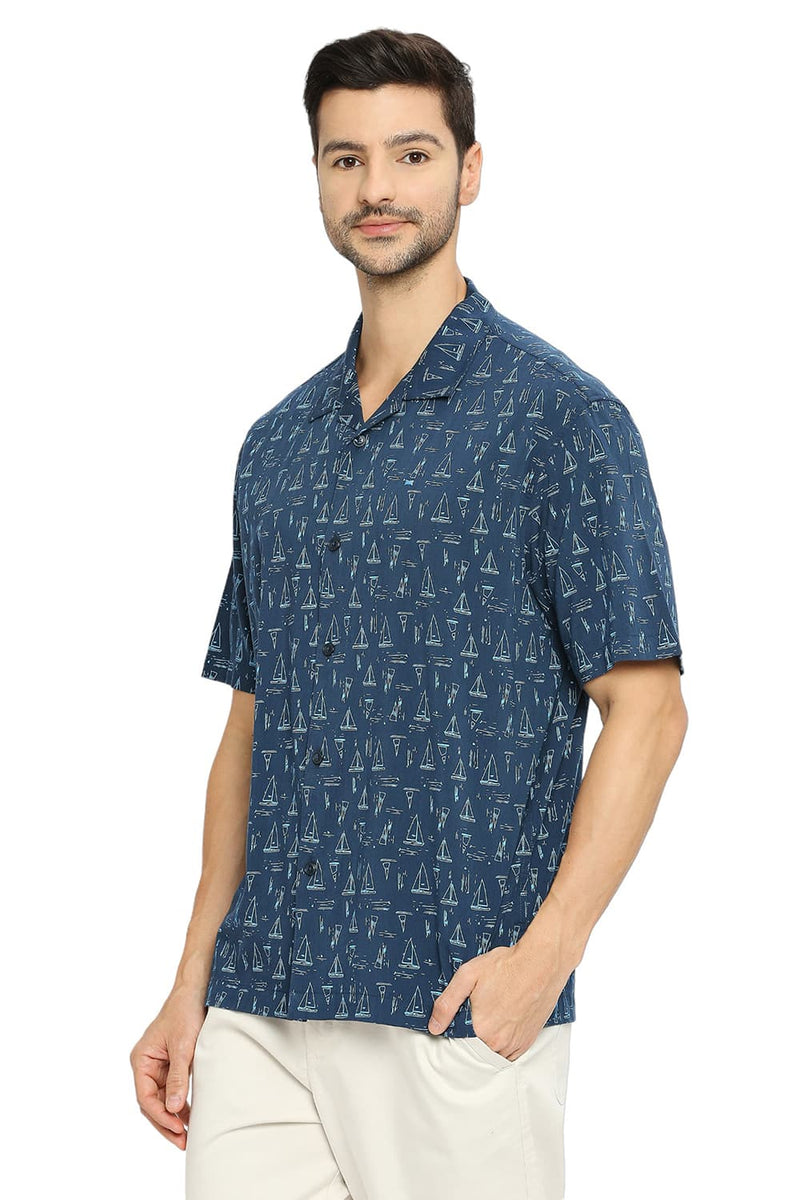 BASICS RELAXED FIT SEAPORT BLUE COTTON VISCOSE PRINTED HALFSLEEVES SHIRT-24BSH53738H
