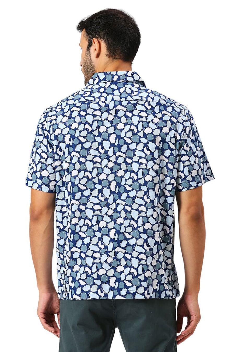 BASICS RELAXED FIT DARK BLUE COTTON VISCOSE TWILL PRINTED HALFSLEEVES SHIRT
