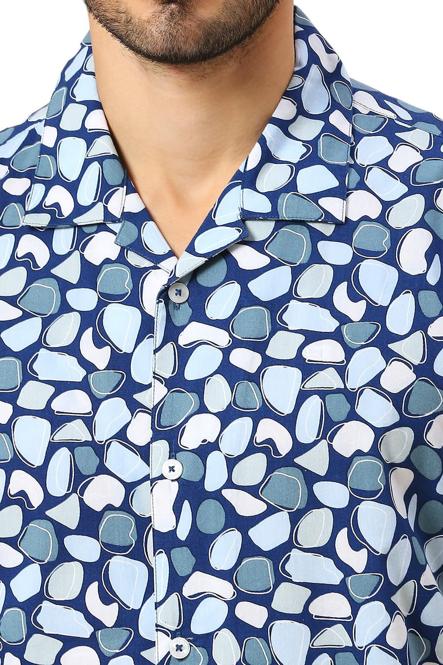 BASICS RELAXED FIT DARK BLUE COTTON VISCOSE TWILL PRINTED HALFSLEEVES SHIRT