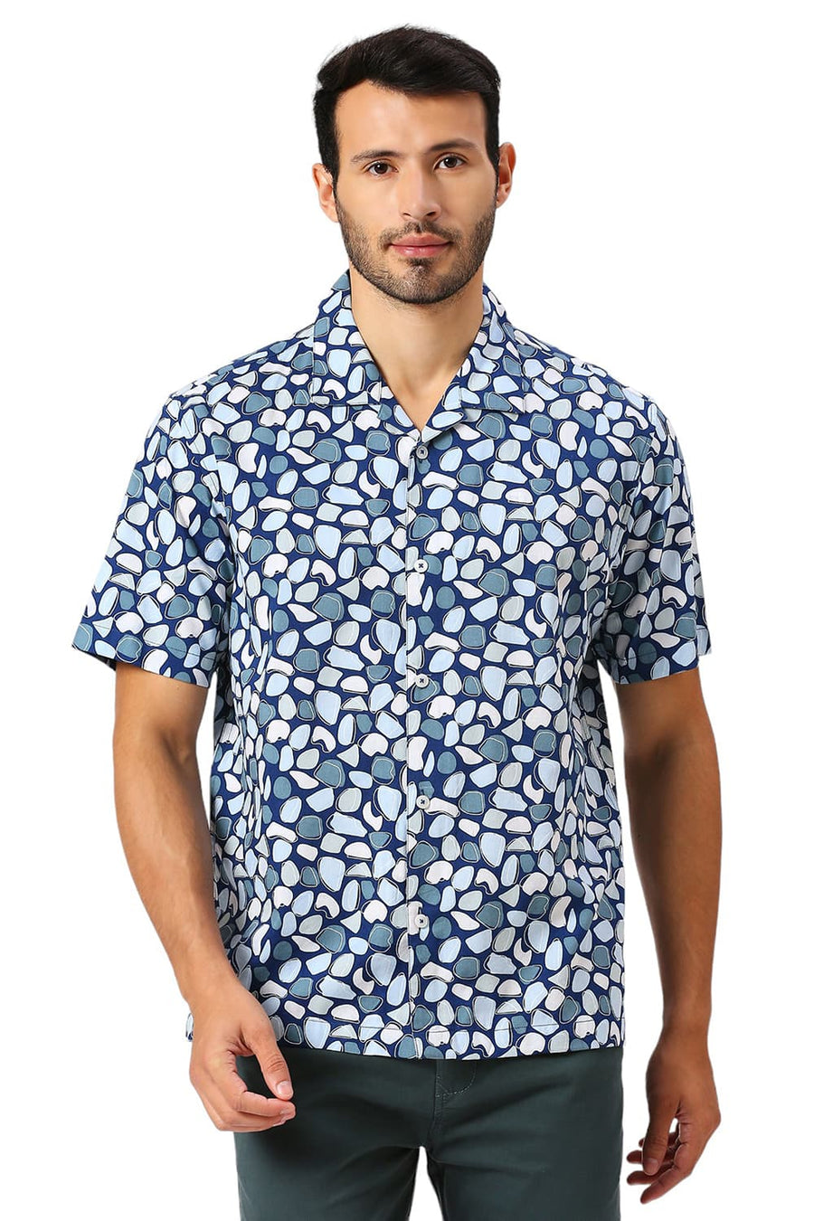 BASICS RELAXED FIT DARK BLUE COTTON VISCOSE TWILL PRINTED HALFSLEEVES SHIRT
