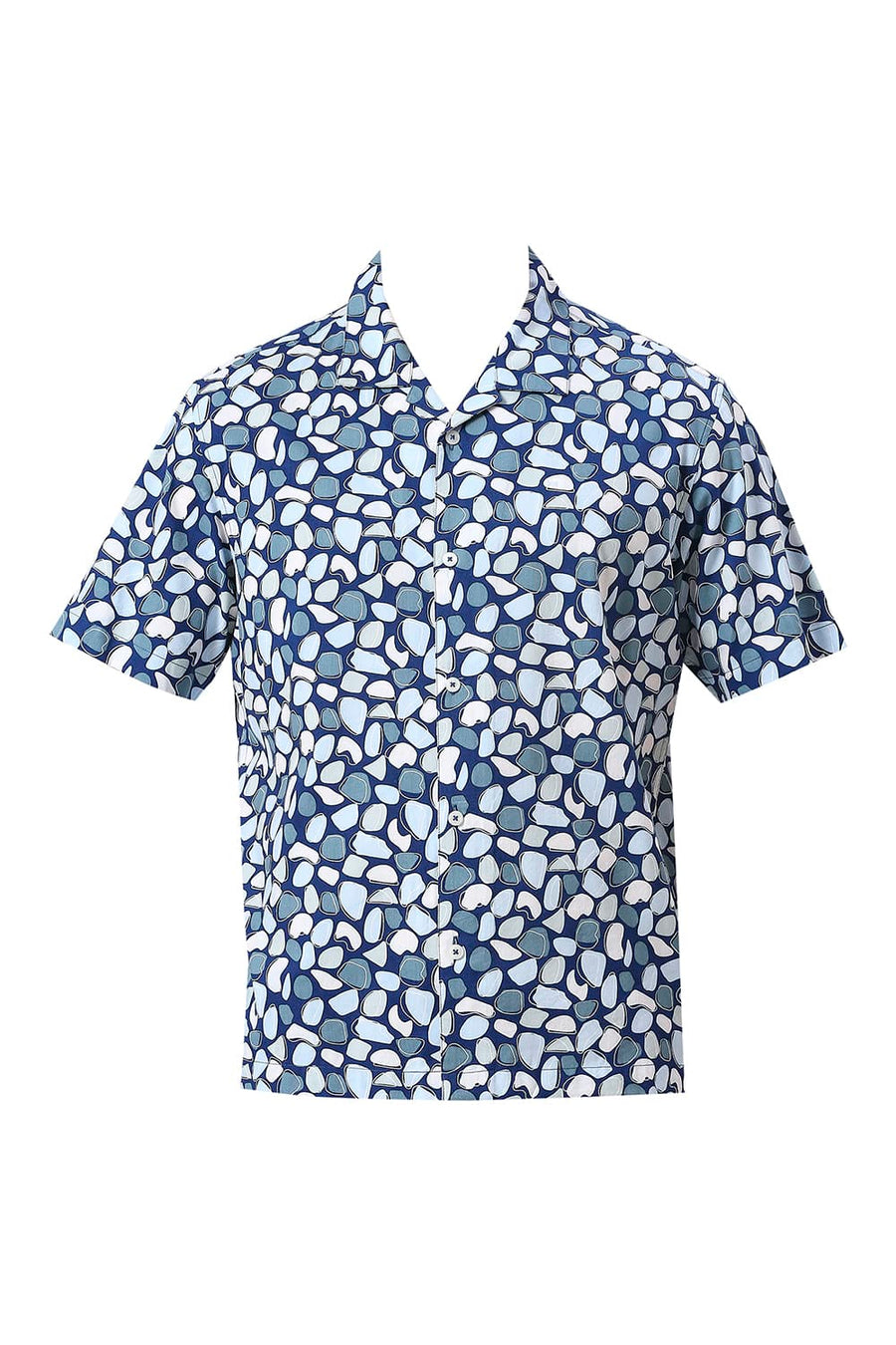 BASICS RELAXED FIT DARK BLUE COTTON VISCOSE TWILL PRINTED HALFSLEEVES SHIRT
