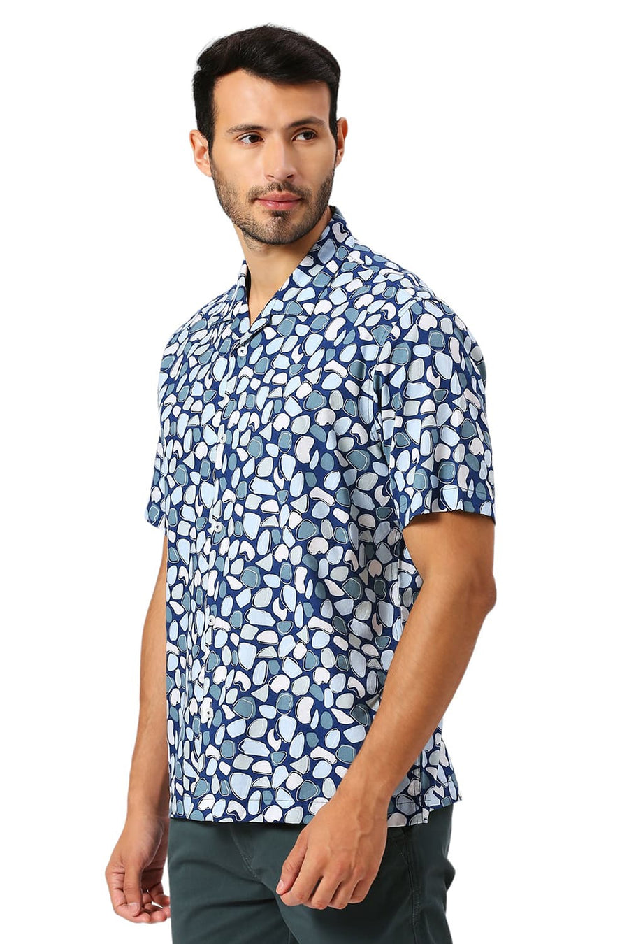 BASICS RELAXED FIT DARK BLUE COTTON VISCOSE TWILL PRINTED HALFSLEEVES SHIRT