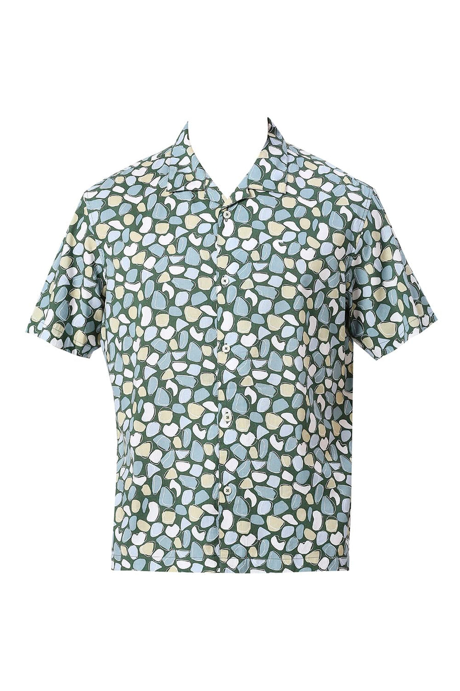 BASICS RELAXED FIT EDEN GREEN COTTON VISCOSE TWILL PRINTED HALFSLEEVES SHIRT