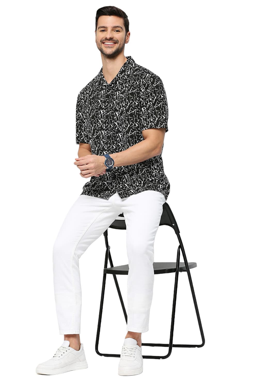 BASICS RELAXED FIT COTTON VISCOSE PRINTED HALFSLEEVES SHIRT