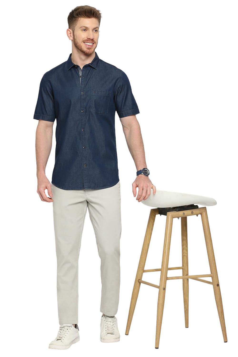 BASICS SLIM FIT COTTON HALFSLEEVES SHIRT