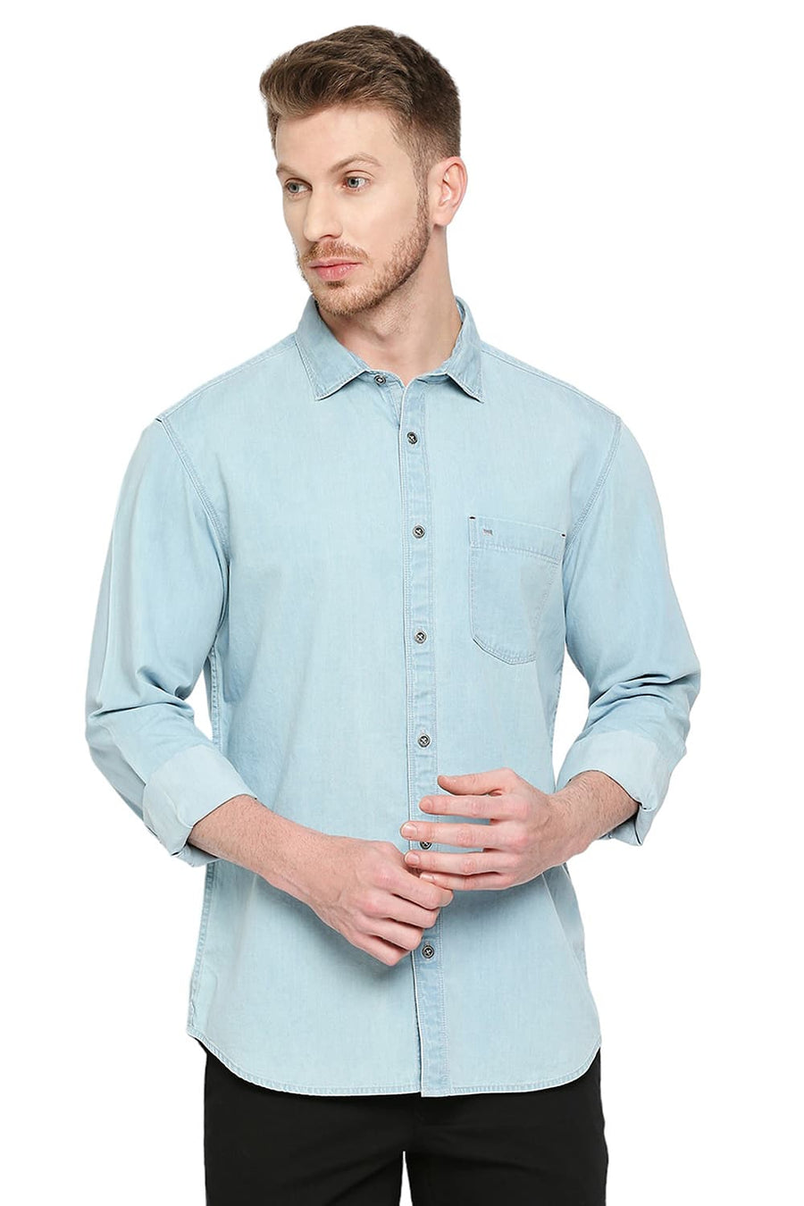 BASICS SLIM FIT BEACON ICE BLUE COTTON INDIGO SHIRT