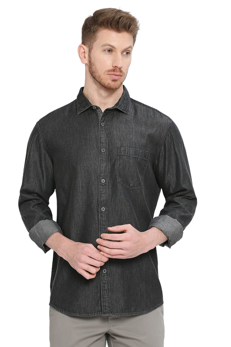 BASICS SLIM FIT ECLIPSE BLACK COTTON SULPHUR SHIRT