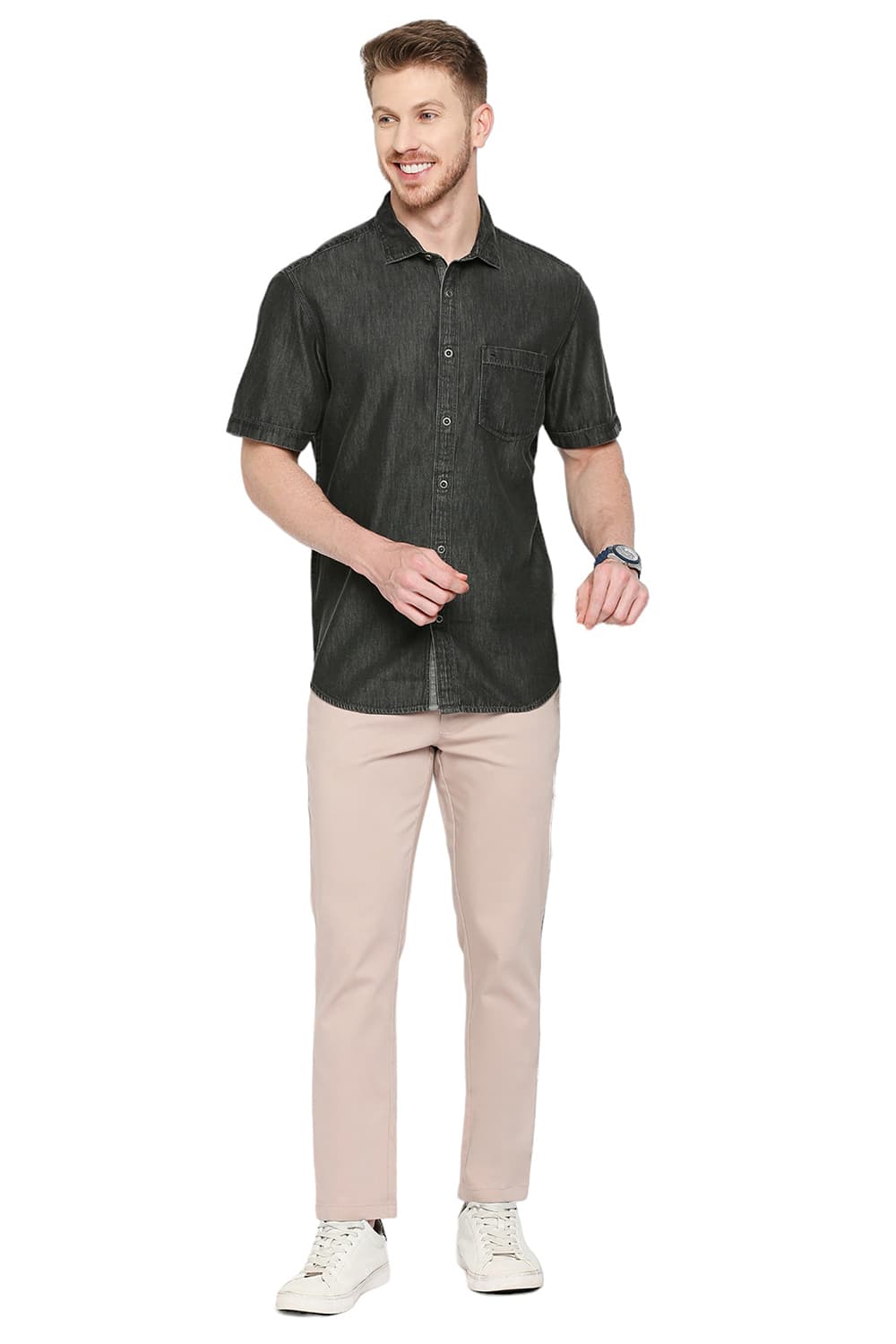 BASICS SLIM FIT COTTON HALFSLEEVES SHIRT