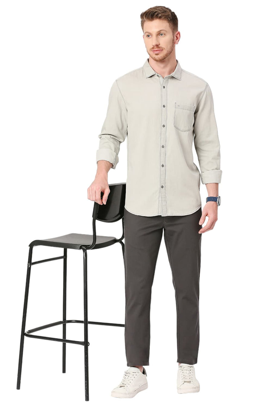 BASICS SLIM FIT BRISTOL GREY COTTON SULPHUR SHIRT