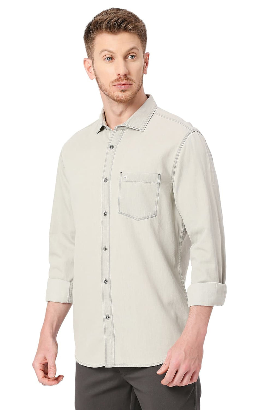 BASICS SLIM FIT BRISTOL GREY COTTON SULPHUR SHIRT