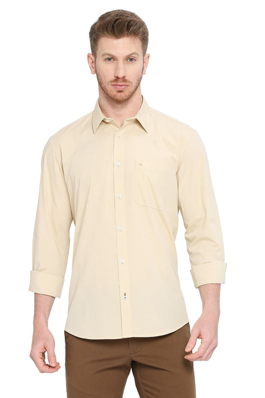 BASICS SLIM FIT SEA MIST BEIGE COTTON POLYESTER VISCOSE SHIRT