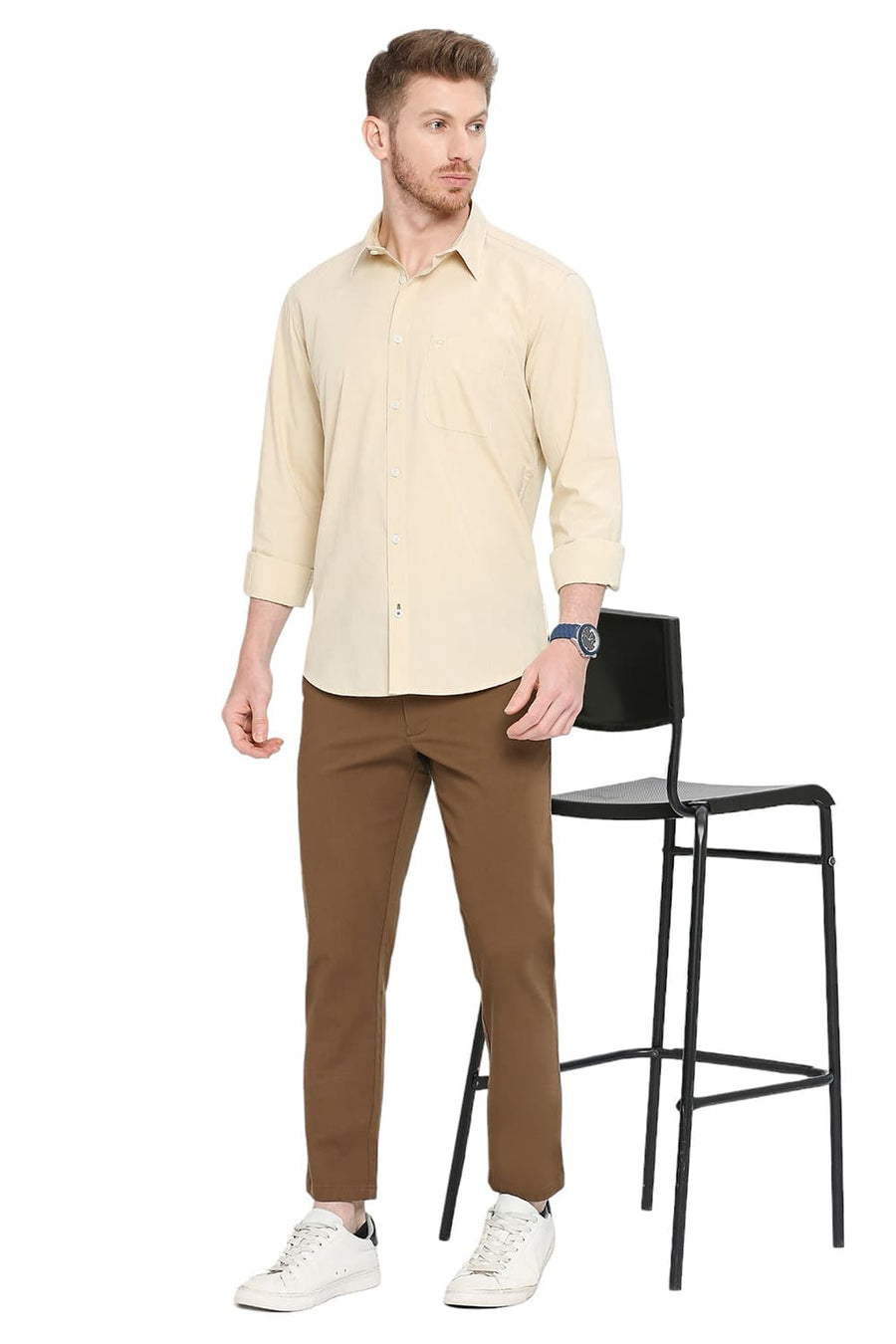 BASICS SLIM FIT SEA MIST BEIGE COTTON POLYESTER VISCOSE SHIRT