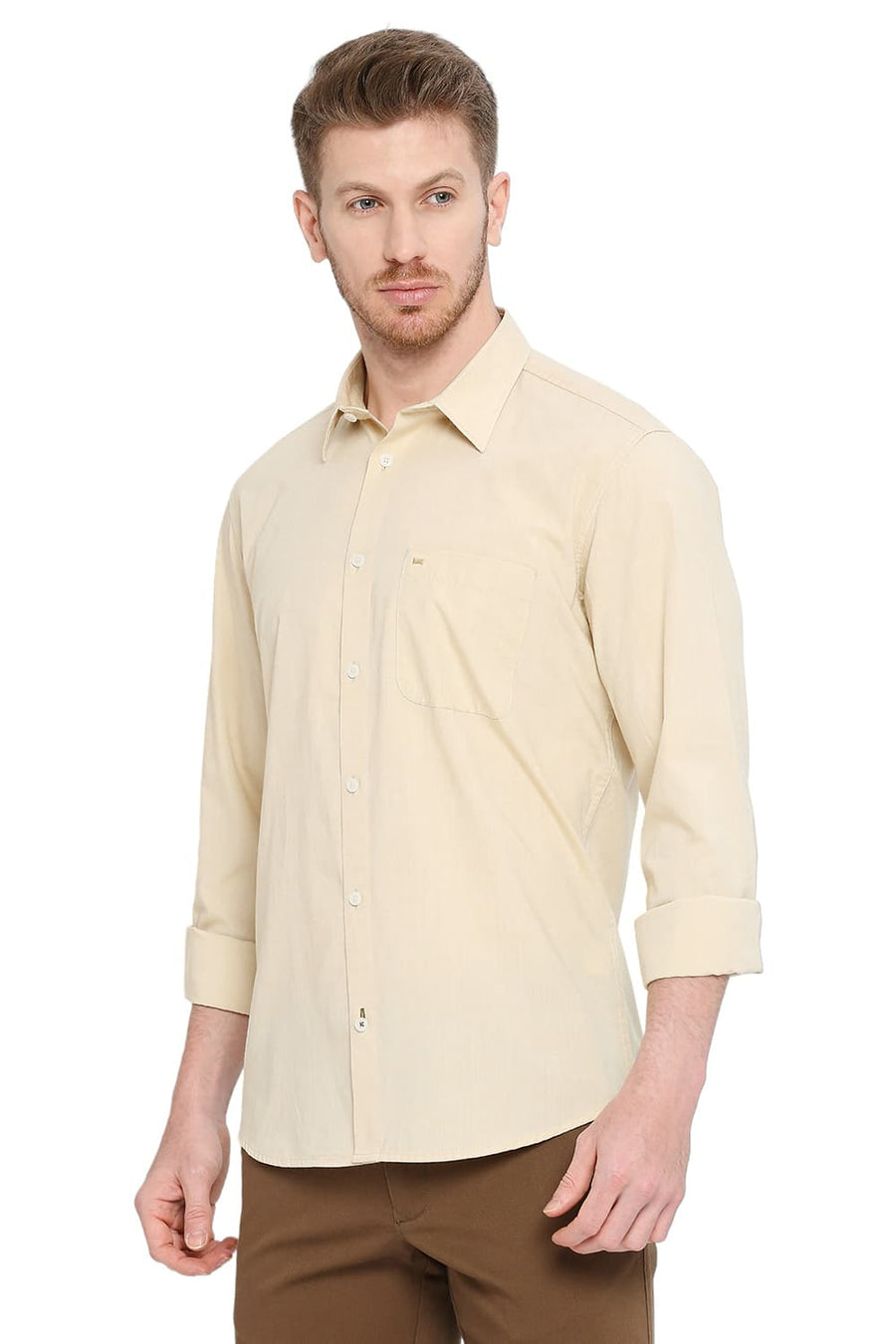 BASICS SLIM FIT SEA MIST BEIGE COTTON POLYESTER VISCOSE SHIRT