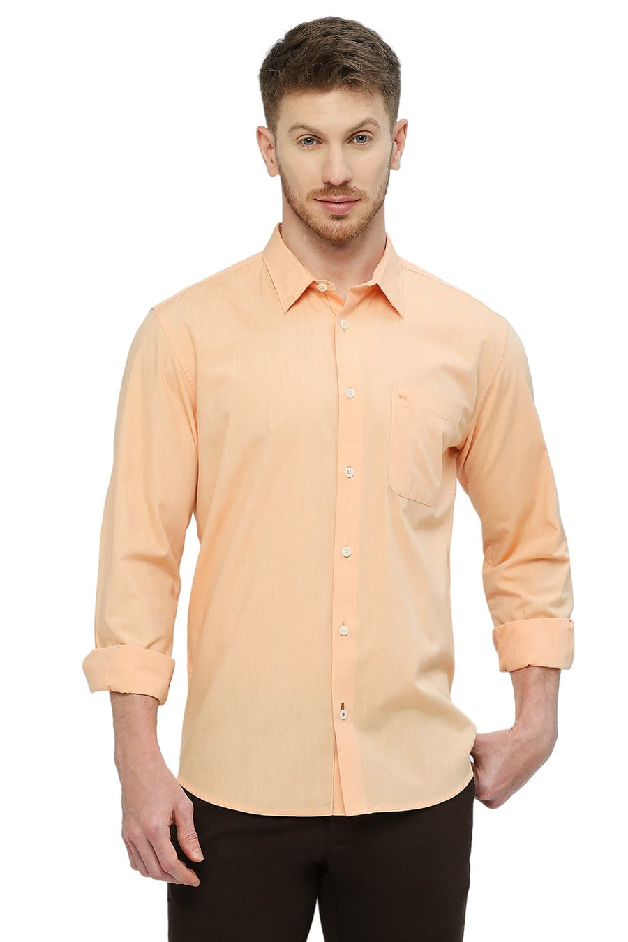 BASICS SLIM FIT APRICOT ORANGE COTTON POLYESTER VISCOSE SHIRT