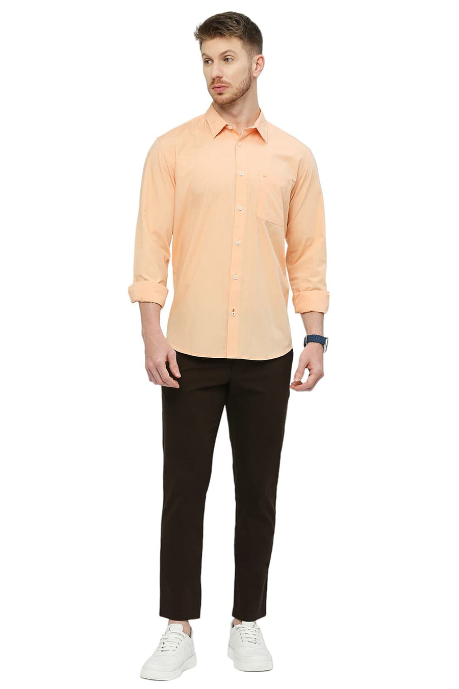 BASICS SLIM FIT APRICOT ORANGE COTTON POLYESTER VISCOSE SHIRT
