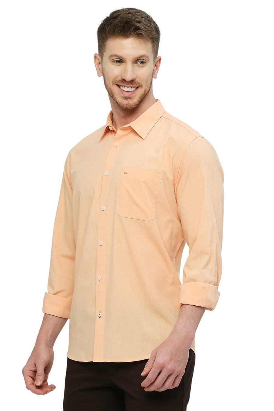 BASICS SLIM FIT APRICOT ORANGE COTTON POLYESTER VISCOSE SHIRT