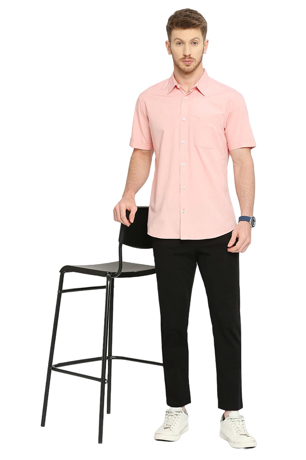 BASICS SLIM FIT COTTON POLYESTER VISCOSE HALFSLEEVES SHIRT