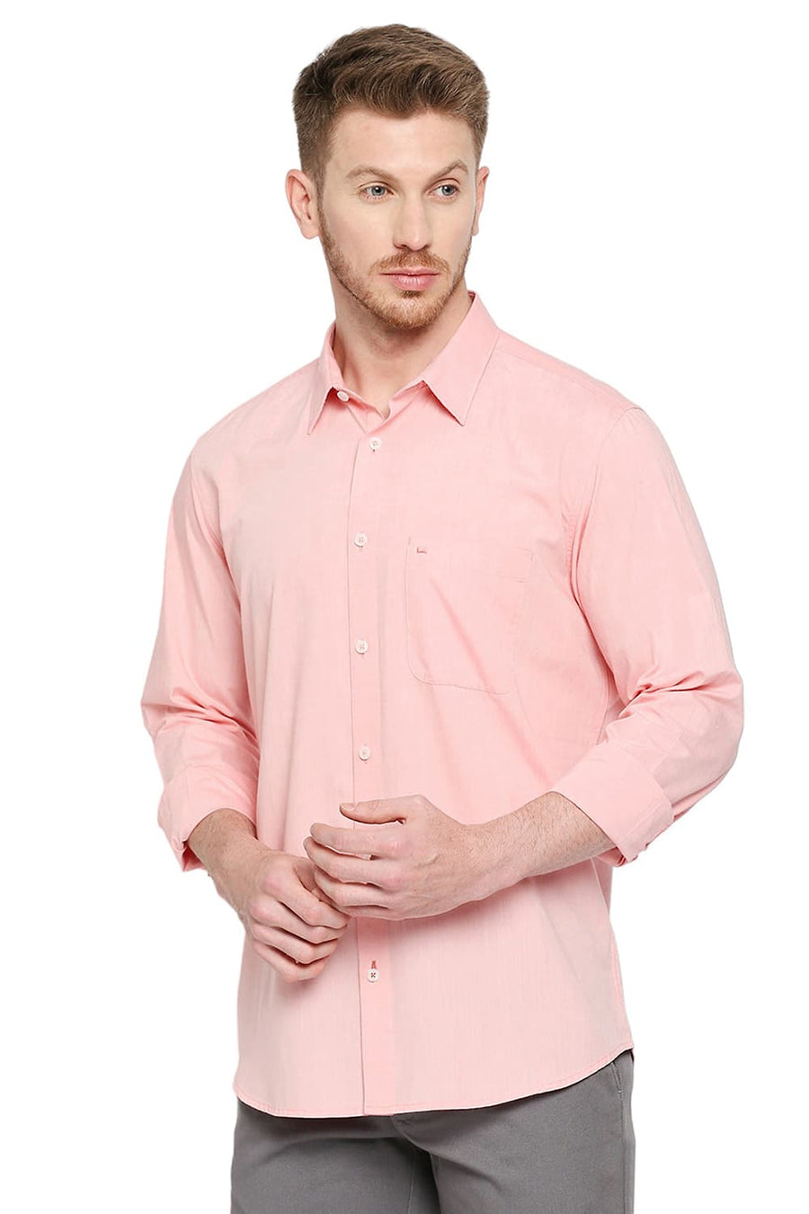 BASICS SLIM FIT SHELL PINK COTTON POLYESTER VISCOSE SHIRT