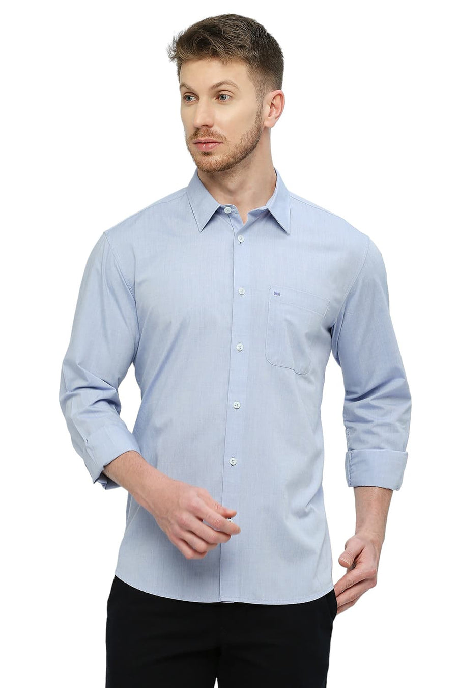BASICS SLIM FIT AEGEAN BLUE COTTON POLYESTER VISCOSE SHIRT