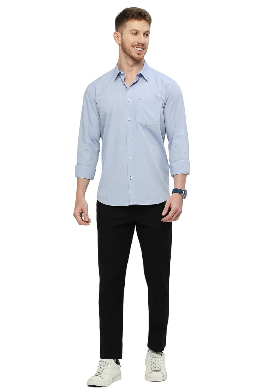 BASICS SLIM FIT AEGEAN BLUE COTTON POLYESTER VISCOSE SHIRT