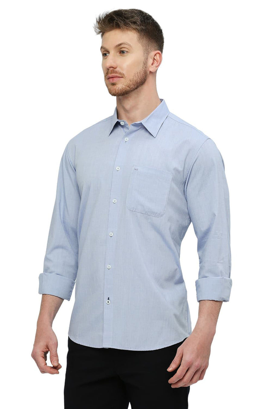 BASICS SLIM FIT AEGEAN BLUE COTTON POLYESTER VISCOSE SHIRT