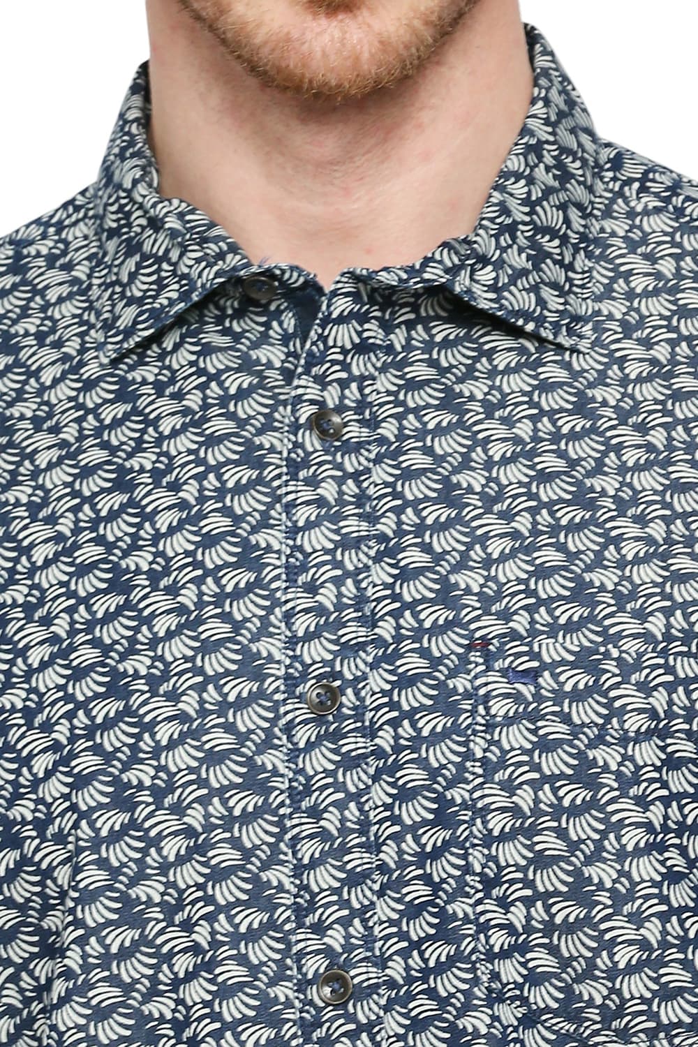 BASICS SLIM FIT COTTON INDIGO PRINTED HALFSLEEVES SHIRT