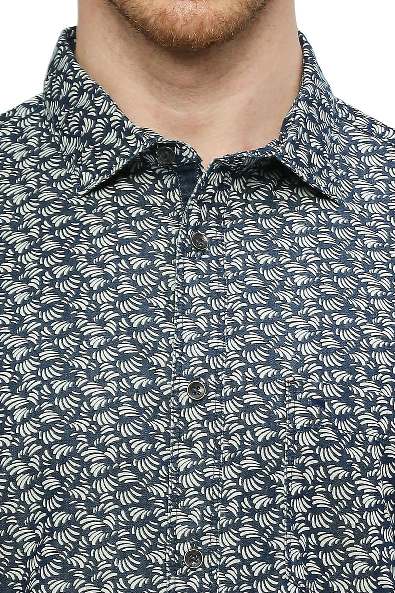 BASICS SLIM FIT COTTON INDIGO PRINTED SHIRT