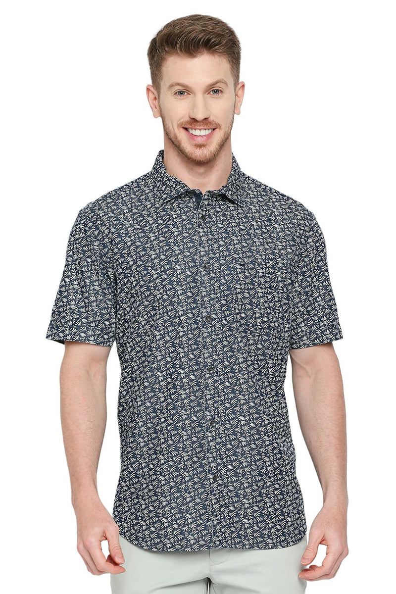 BASICS SLIM FIT COTTON INDIGO PRINTED SHIRT