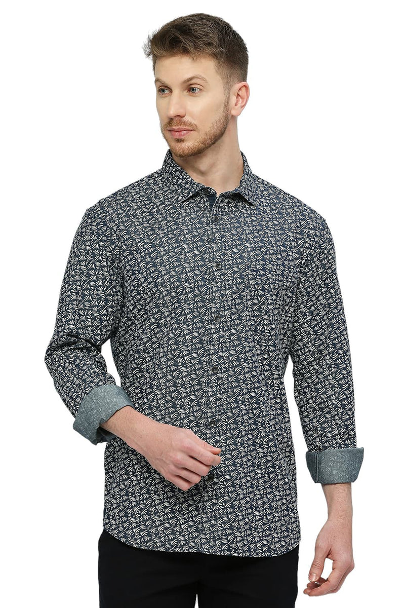 BASICS SLIM FIT COTTON INDIGO PRINTED SHIRT