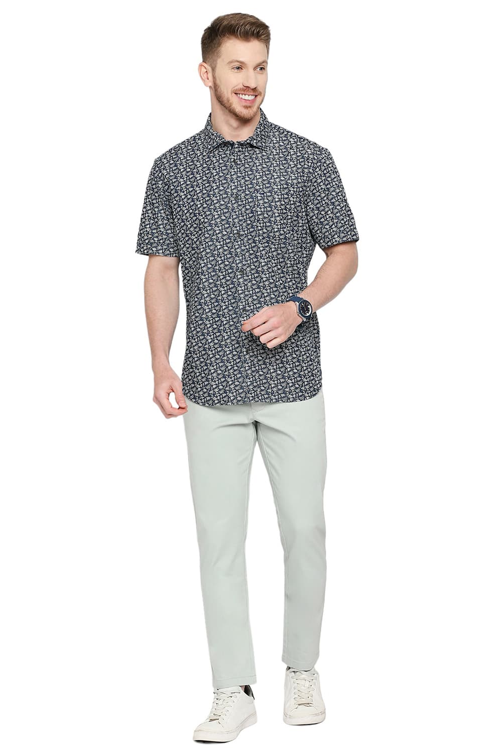 BASICS SLIM FIT COTTON INDIGO PRINTED HALFSLEEVES SHIRT