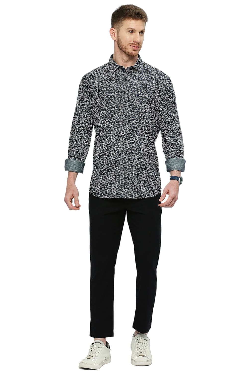 BASICS SLIM FIT COTTON INDIGO PRINTED SHIRT