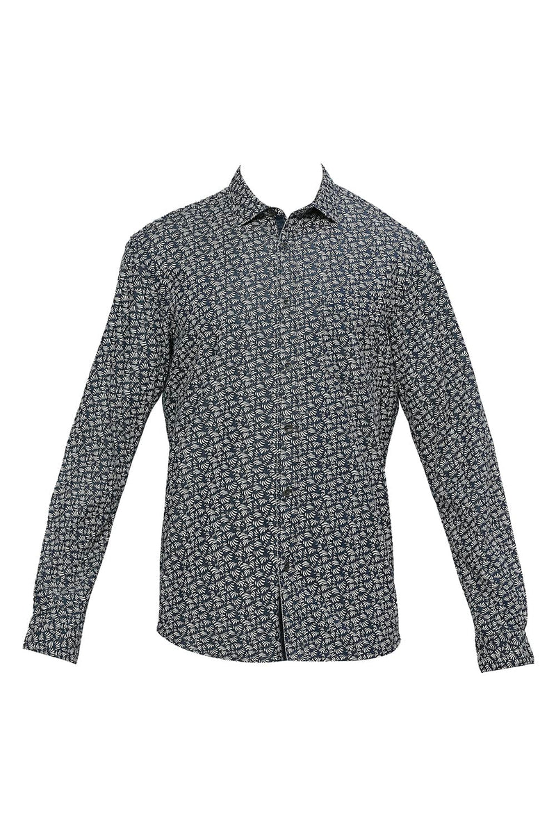 BASICS SLIM FIT COTTON INDIGO PRINTED SHIRT