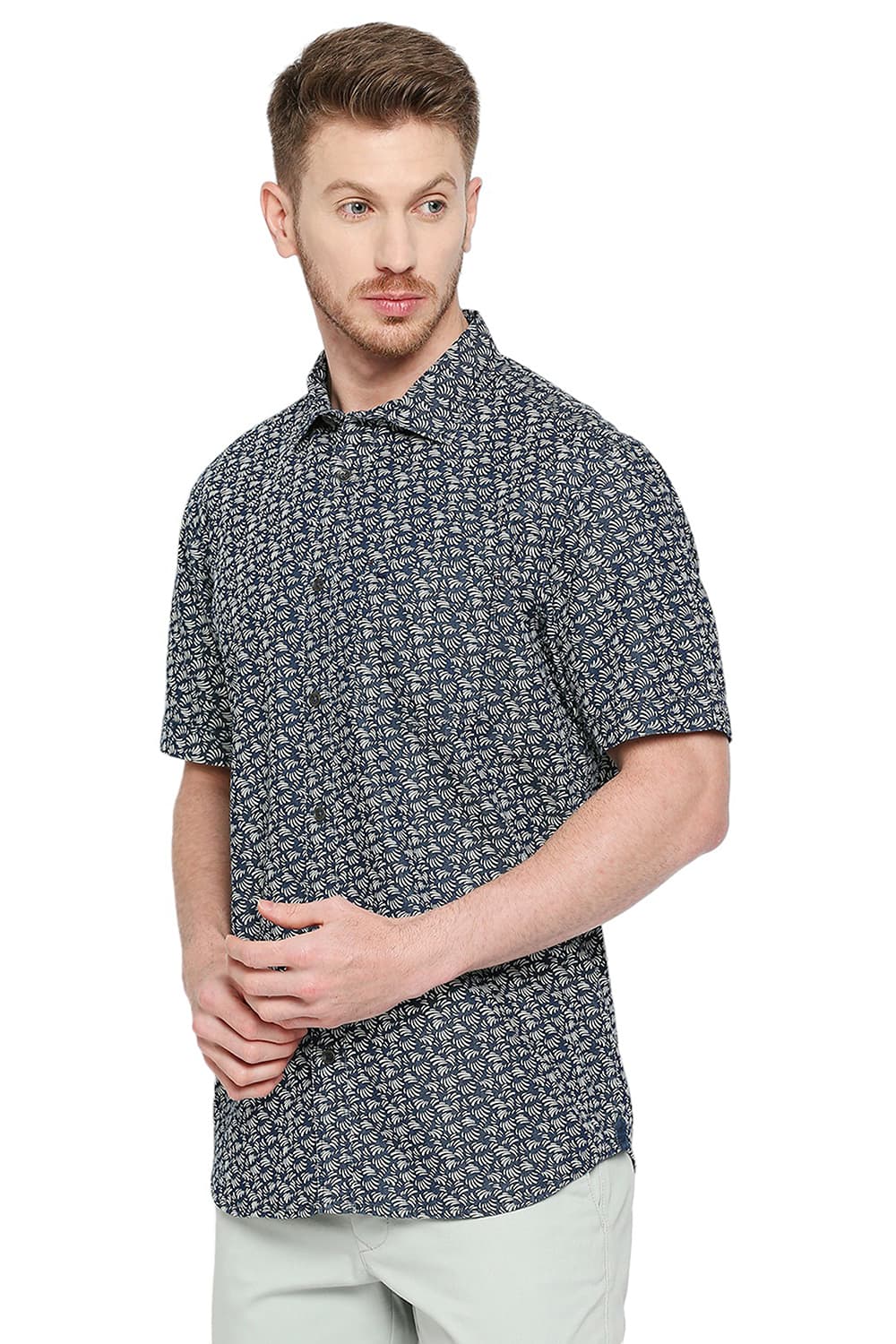 BASICS SLIM FIT COTTON INDIGO PRINTED HALFSLEEVES SHIRT