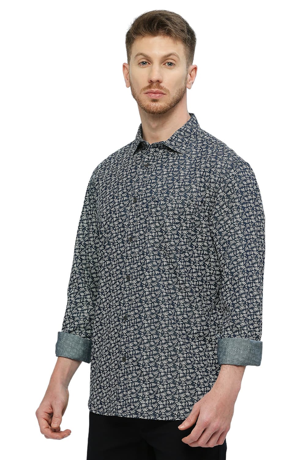 BASICS SLIM FIT COTTON INDIGO PRINTED SHIRT