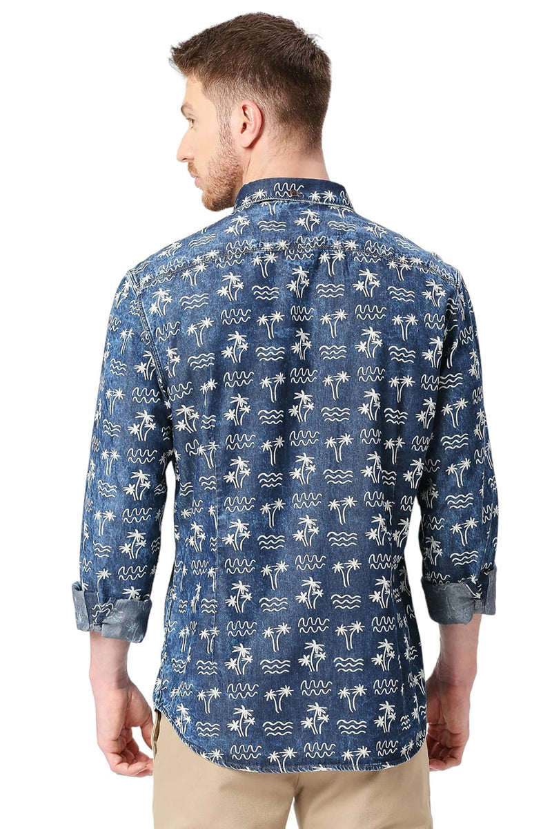 BASICS SLIM FIT COTTON INDIGO PRINTED SHIRT