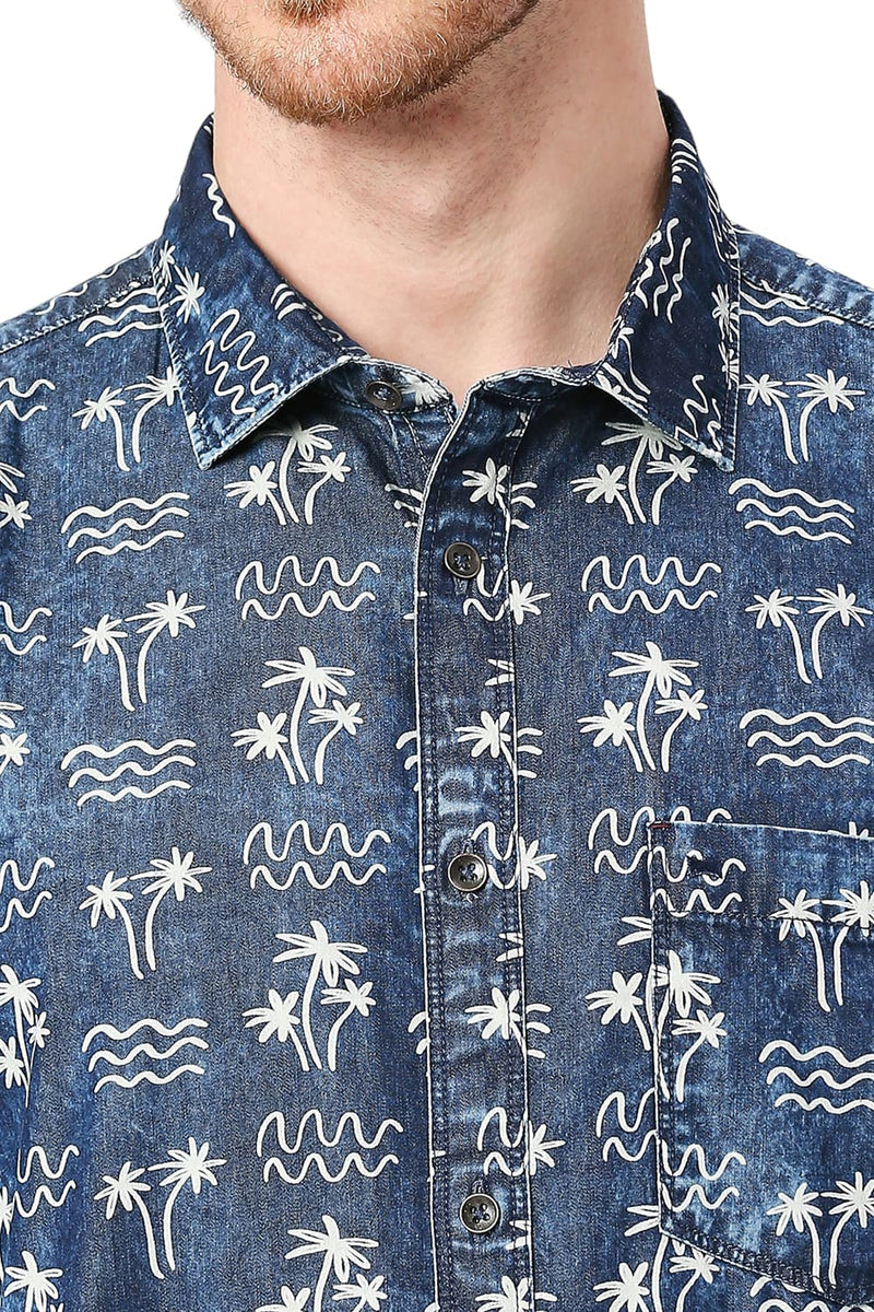 BASICS SLIM FIT COTTON INDIGO PRINTED SHIRT