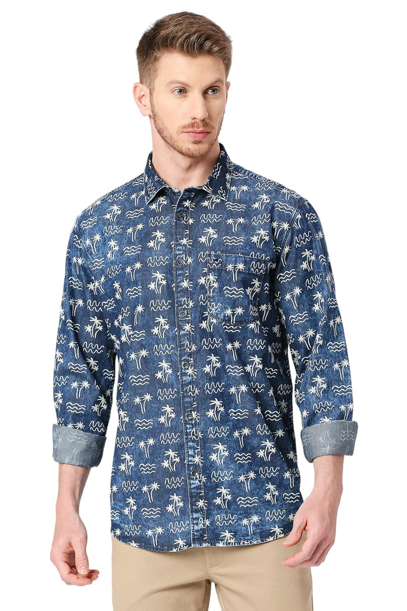 BASICS SLIM FIT COTTON INDIGO PRINTED SHIRT