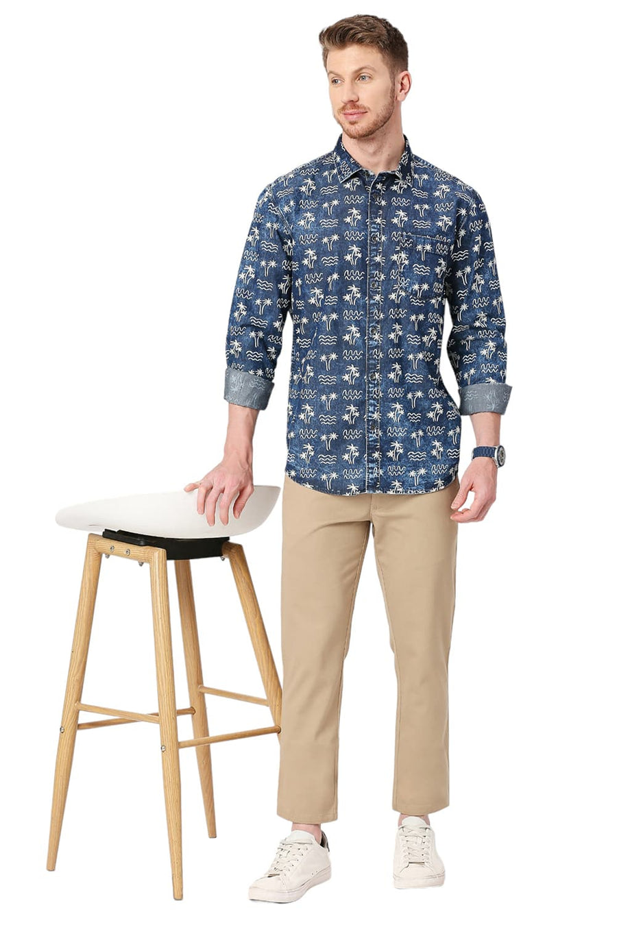 BASICS SLIM FIT SODALITE BLUE COTTON INDIGO PRINTED SHIRT