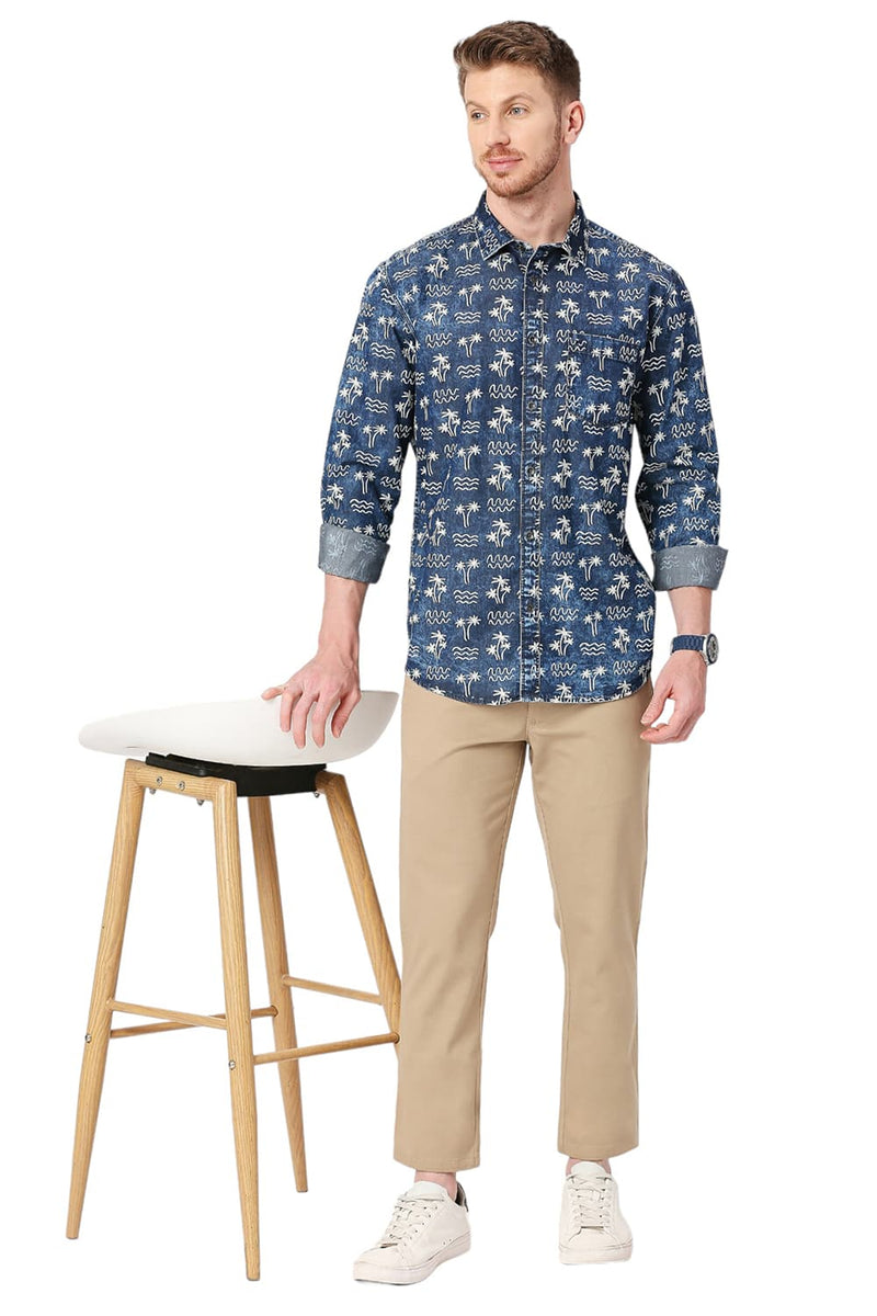 BASICS SLIM FIT COTTON INDIGO PRINTED SHIRT